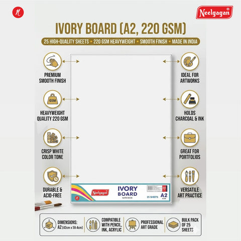 Ivory Paper (220 GSM) - Plain 25 Sheets - Sizes: A4 / A3 / A2 / A1 - Chart Size (Suitable for Drawing, Sketching and Painting)
