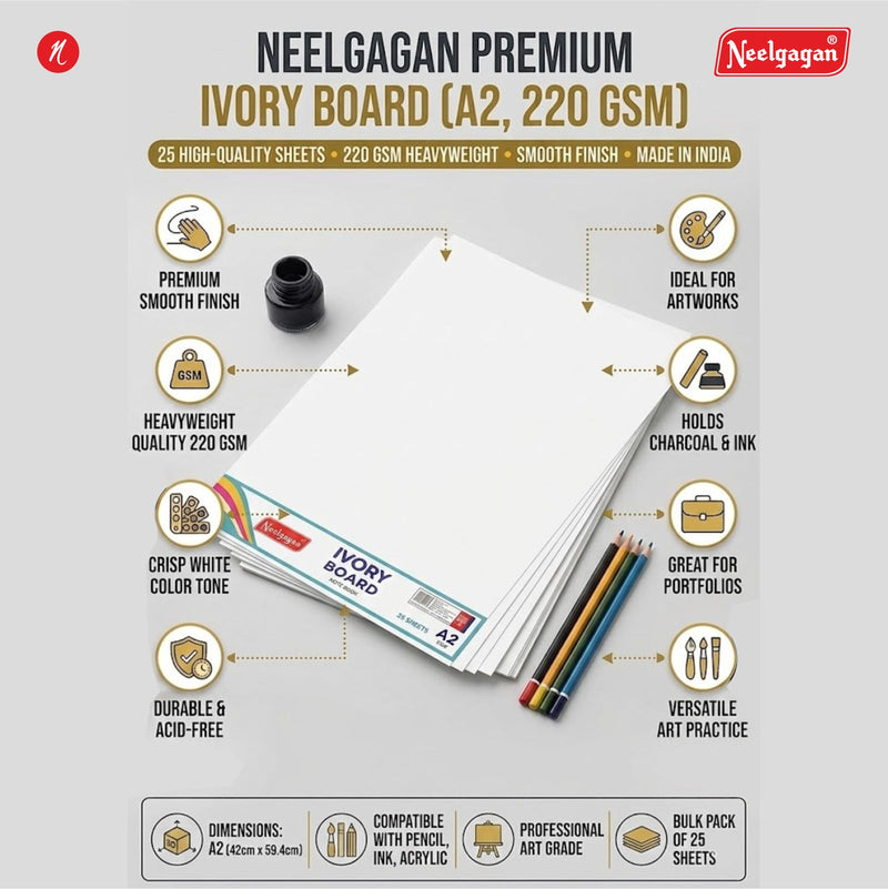 Ivory Paper (220 GSM) - Plain 25 Sheets - Sizes: A4 / A3 / A2 / A1 - Chart Size (Suitable for Drawing, Sketching and Painting)