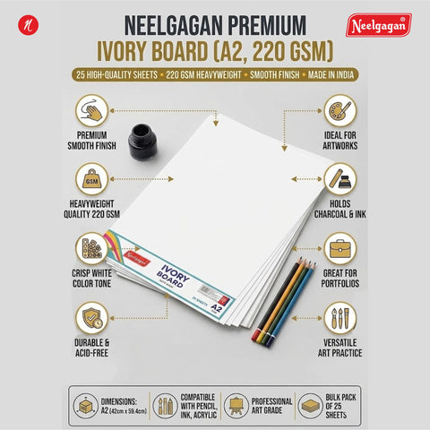 Ivory Paper (220 GSM) - Plain 25 Sheets - Sizes: A4 / A3 / A2 / A1 - Chart Size (Suitable for Drawing, Sketching and Painting)