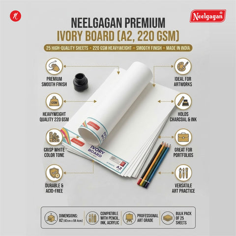 Ivory Paper (220 GSM) - Plain 25 Sheets - Sizes: A4 / A3 / A2 / A1 - Chart Size (Suitable for Drawing, Sketching and Painting)