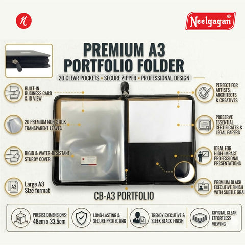 CB - A3 - 1  Executive Portfolio Folder - with 20 Pockets (Leaves) - (Suitable for A3 Size) (Size : 48cm x 33.5cm)