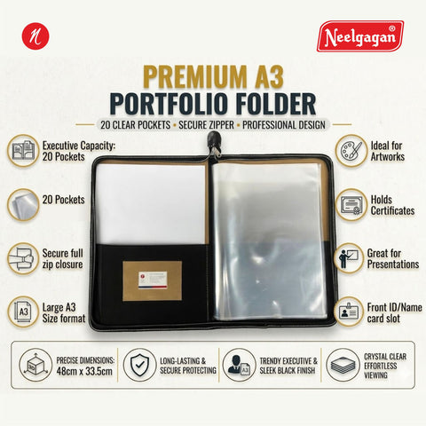 CB - A3 - 1  Executive Portfolio Folder - with 20 Pockets (Leaves) - (Suitable for A3 Size) (Size : 48cm x 33.5cm)