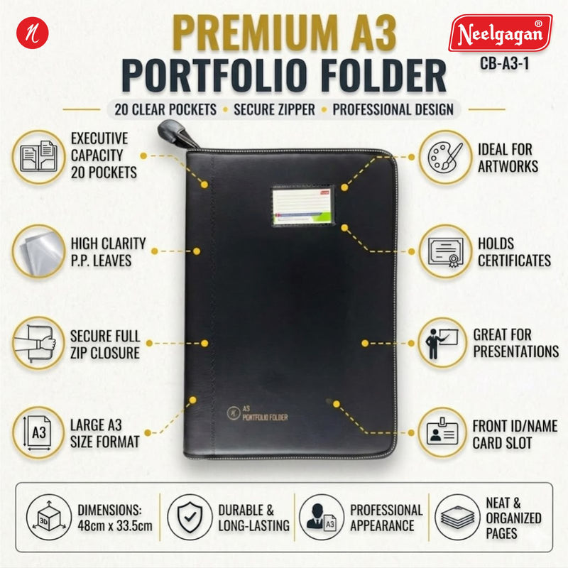 CB - A3 - 1  Executive Portfolio Folder - with 20 Pockets (Leaves) - (Suitable for A3 Size) (Size : 48cm x 33.5cm)