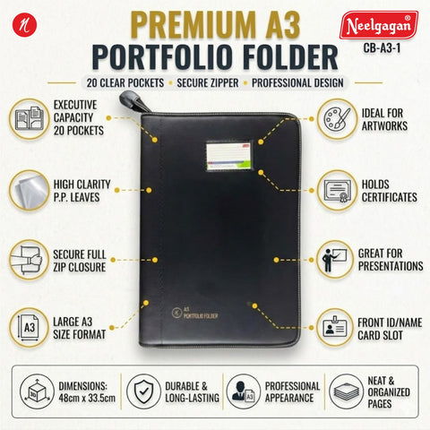CB - A3 - 1  Executive Portfolio Folder - with 20 Pockets (Leaves) - (Suitable for A3 Size) (Size : 48cm x 33.5cm)