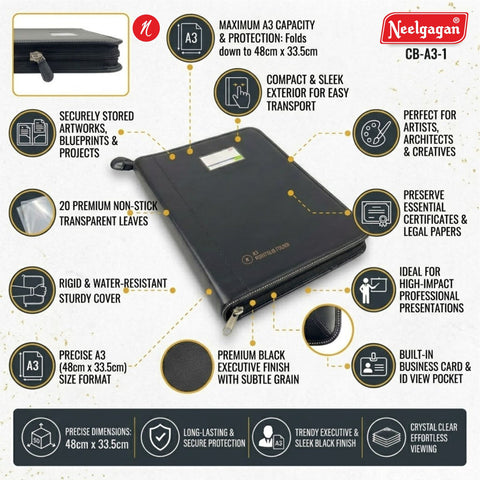 CB - A3 - 1  Executive Portfolio Folder - with 20 Pockets (Leaves) - (Suitable for A3 Size) (Size : 48cm x 33.5cm)