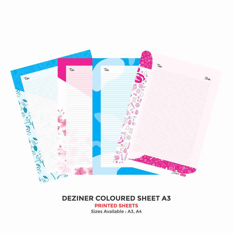 Deziner Paper A4 & A3 (Thick) - Pack of 20 Loose Sheets, (Designer Print - one side Ruled)