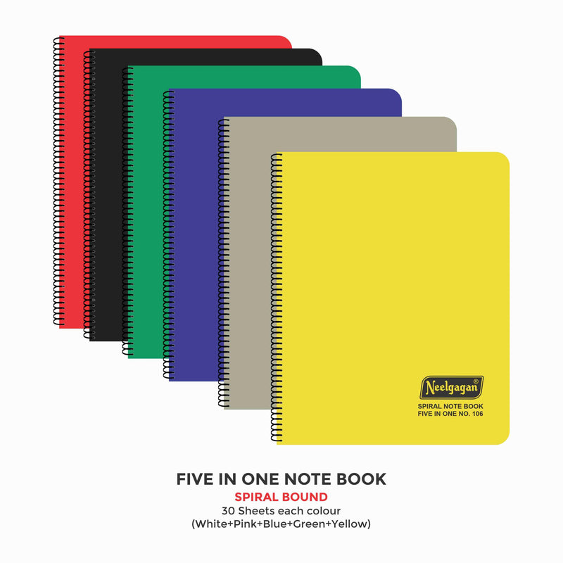 Spiral Note Book No.106, 300 Pages, (28.5cm x 20cm) (Multi-coloured pages) (Five Colour in One)