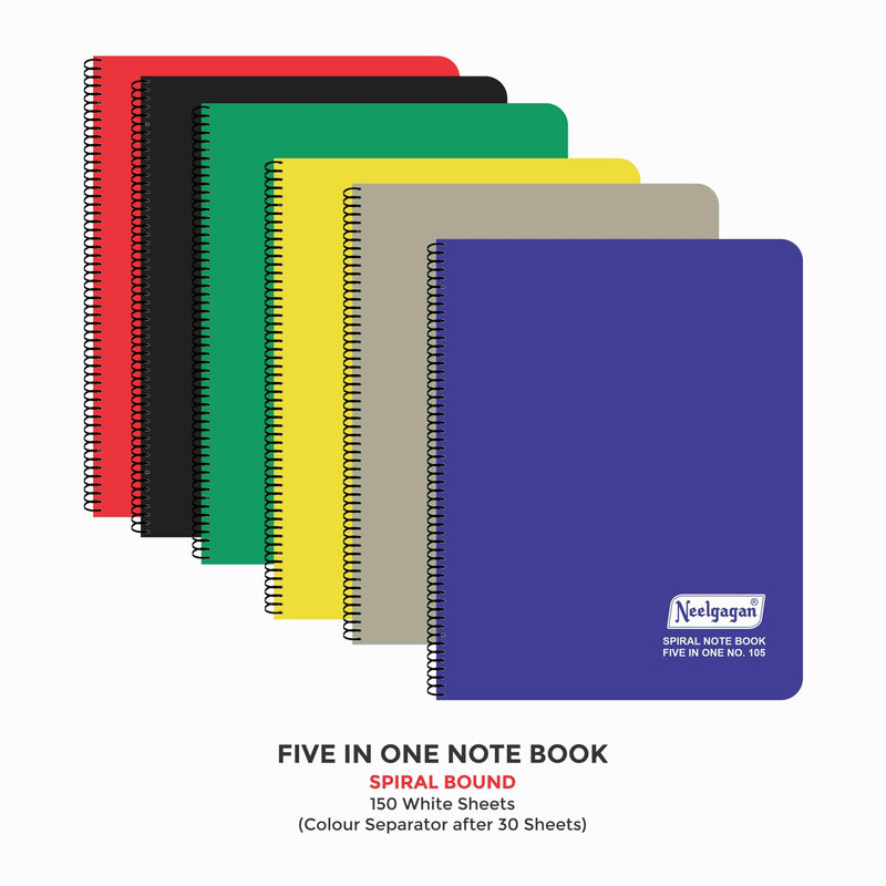 Spiral Note Book No.105, 300 Pages, (28.5cm x 20cm) White Paper with Separators (5 Subject)