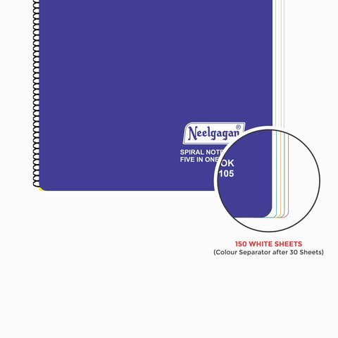 Five in One Spiral Note Book No.105, 300 Pages, (28.5cm x 20cm) With Seperator (5 Subject)