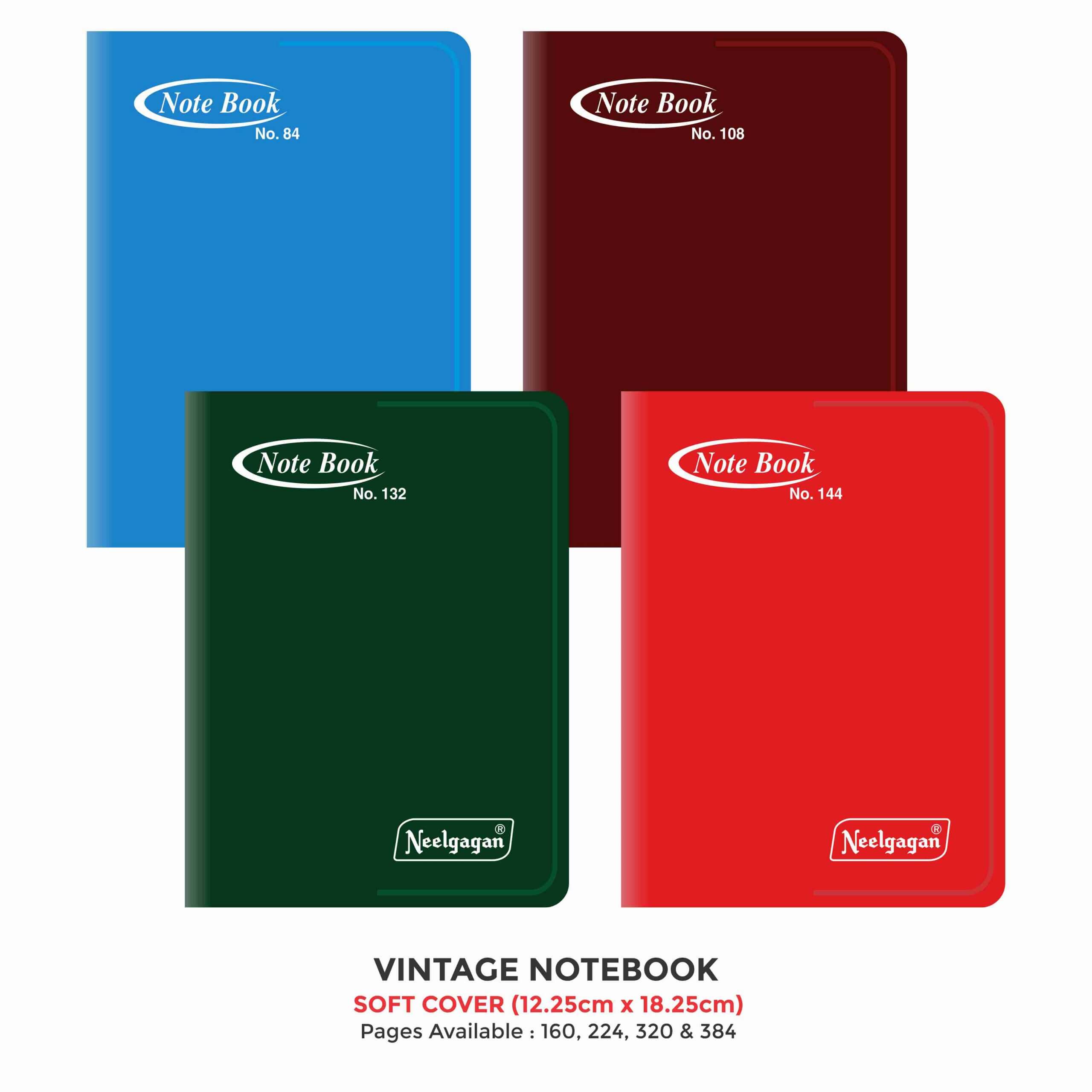 Vintage Notebook,(No. 84, 108, 132 & 144), (12.25 x 18.25cm) Soft Cover Plastic
