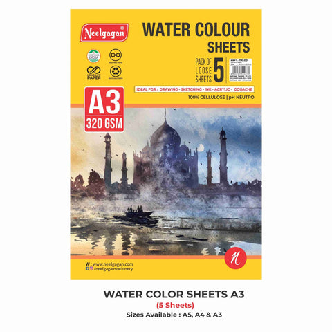Water Colour Sheet A3, 320 GSM (Pack of 5 Sheets) (Suitable for Drawing, Sketching and Painting)