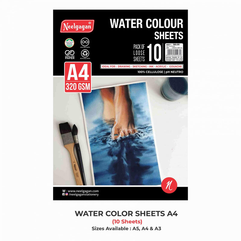 Water Colour Sheet A4, 320 GSM (Pack of 10 Sheets) 21 cm x 29.7 cm (Suitable for Drawing, Sketching and Painting)